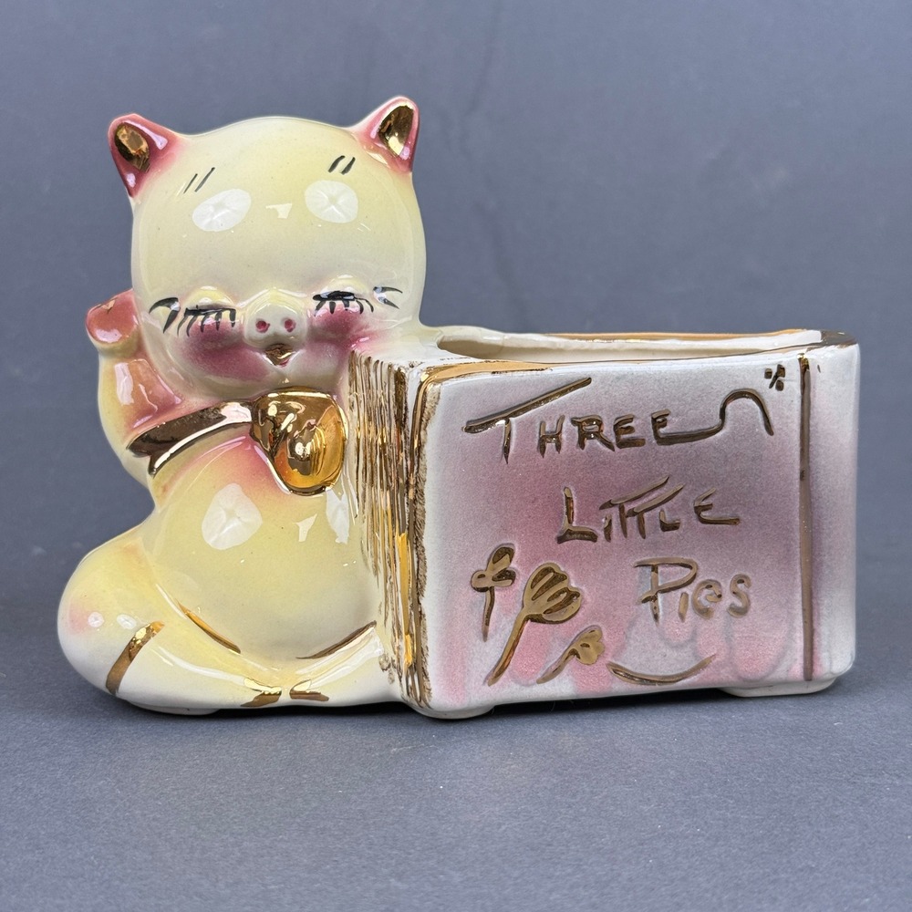 Vintage Three Little Pigs Ceramic Planter Decor Gold Trim